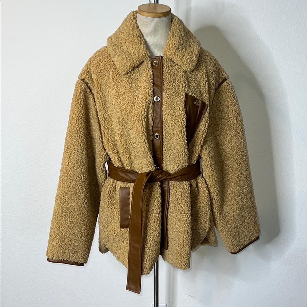 Sandro Tan Teddy Jacket with Brown Accents